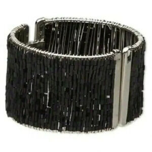 Black and Silver Glass Beaded Hinged Bangle Bracelet with Silver Tone Metal